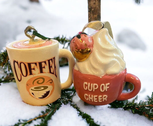 NWOT Coffee Cup  & Cup of Cheer Ornaments Set 2