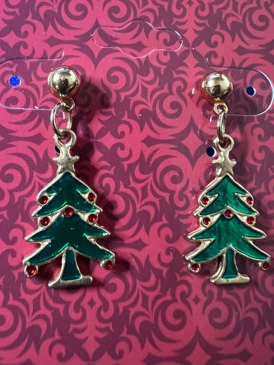 Christmas Tree Earrings Goldtone 1" Drop