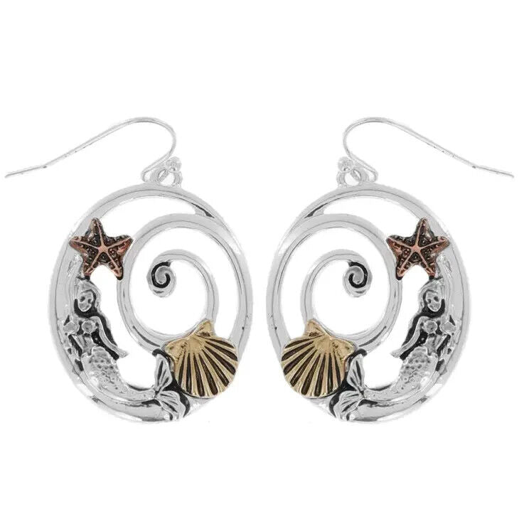 Mermaid Shell Starfish Metal Swirl Oval Hook Dangle Earrings