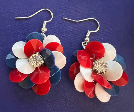 Vintage US Flag Red White Blue Flower Earrings