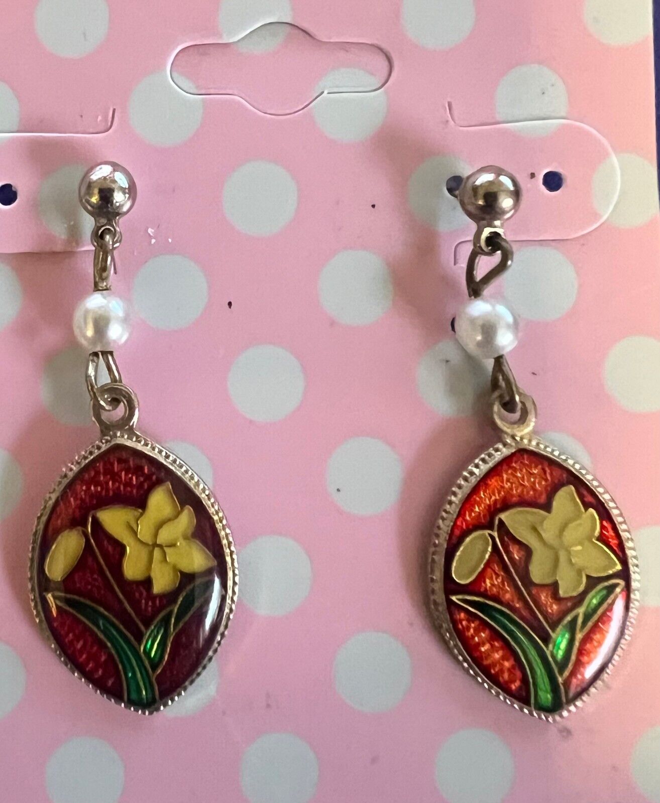 Vintage Earrings Red Cloisonné with Dainty Pearls &  Yellow Flowers