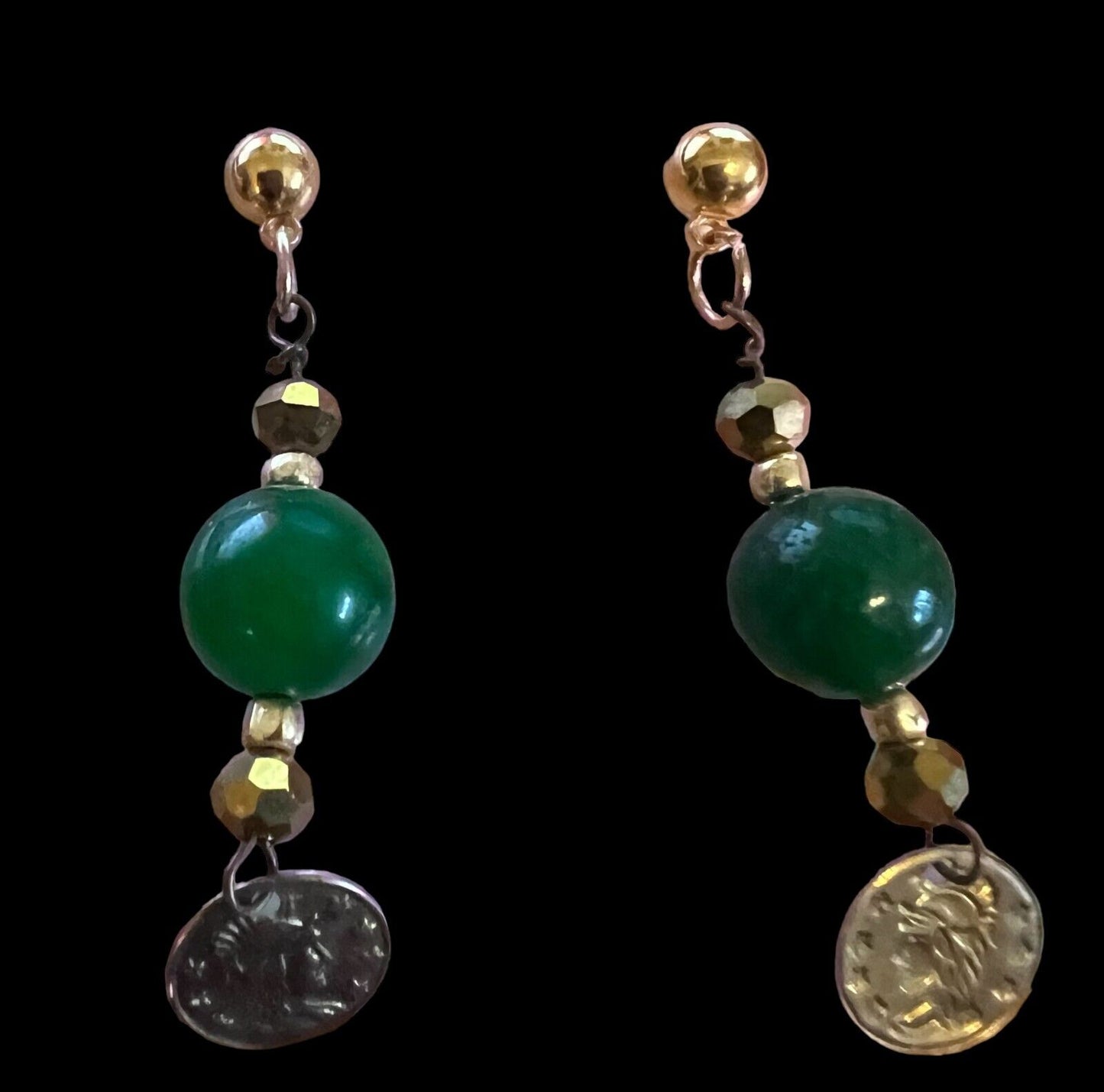 Vintage Earrings Green Stone w/Goldtone Beads & Faux Gold Coin