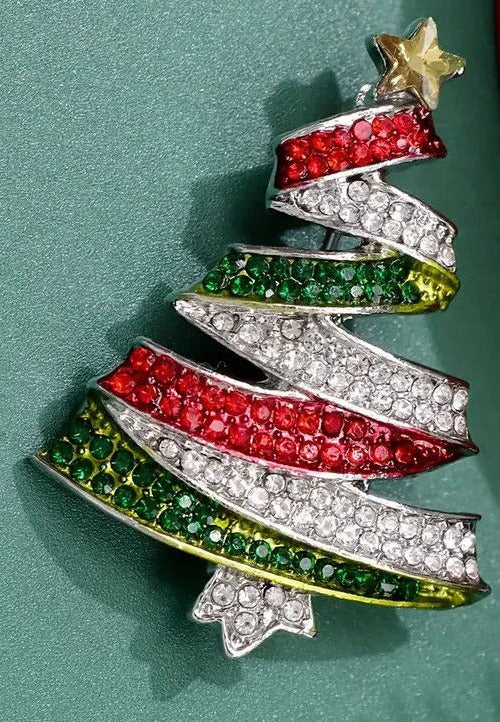 Silvertone Christmas Tree Pin w/ Colored Rhinestones