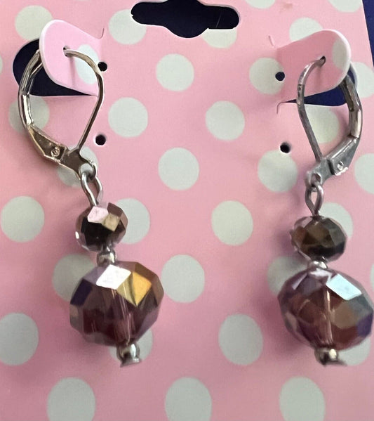 Vintage Silvertone Amethyst Stone Earrings Drop .75"