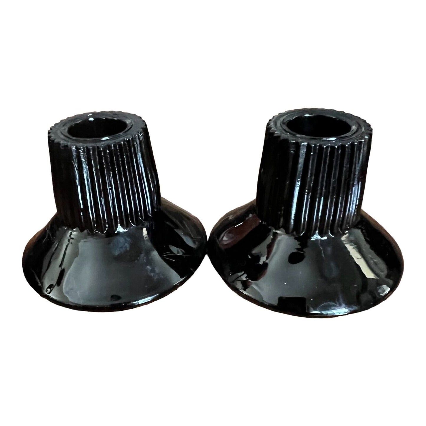 Vintage Black Onyx Glass Ribbed Candlestick Holders