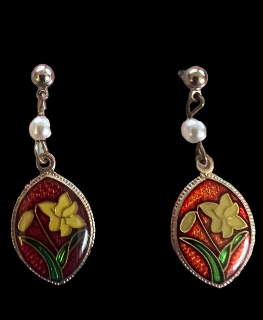 Vintage Earrings Red Cloisonné with Dainty Pearls &  Yellow Flowers