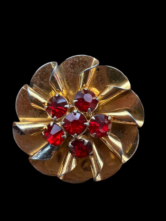 Vintage Classic Ladies Red Stone Marked Sterling Silver Circle Pin Gold Color