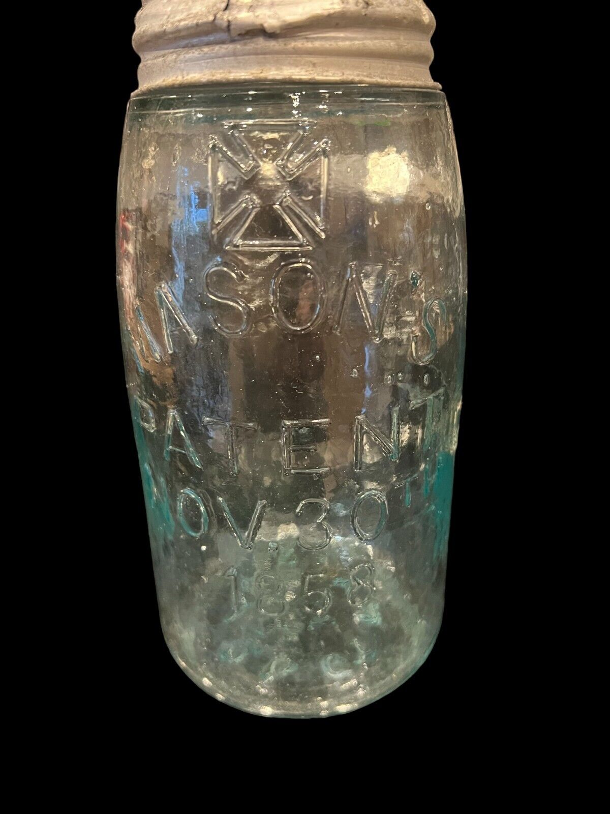 Vintage Nov 30th, 1858 Mason's Patent Presto Lid Half Gallon Aqua Canning Jar G7