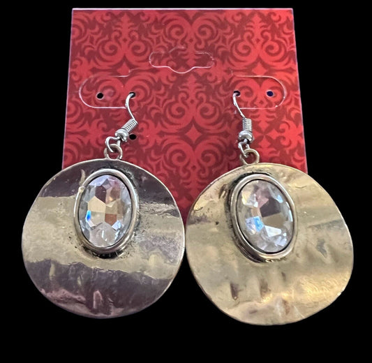 Stunning Silvertone Earrings with Large Clear Stone