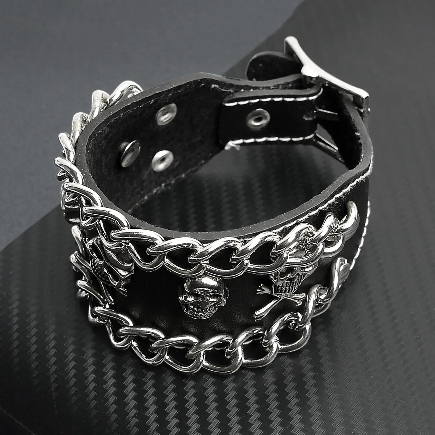 Bracelet Black Leather Stainless Steel Skull And Crossbones Chain