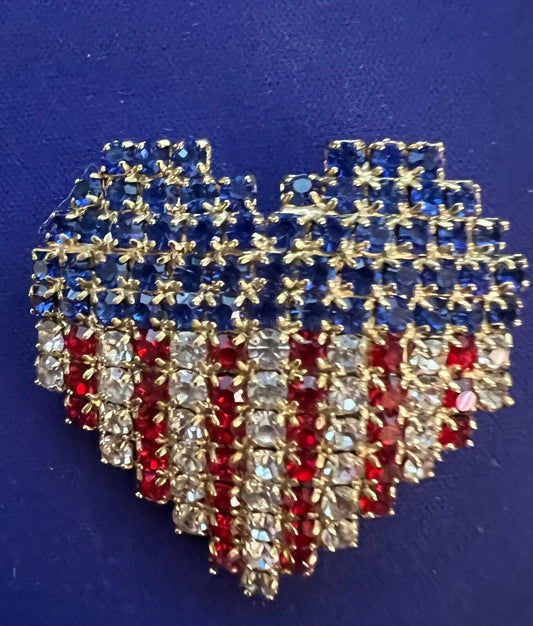 Vintage American Veterans US Flag Pin Rhinestone Heart Brooch Show your Pride!