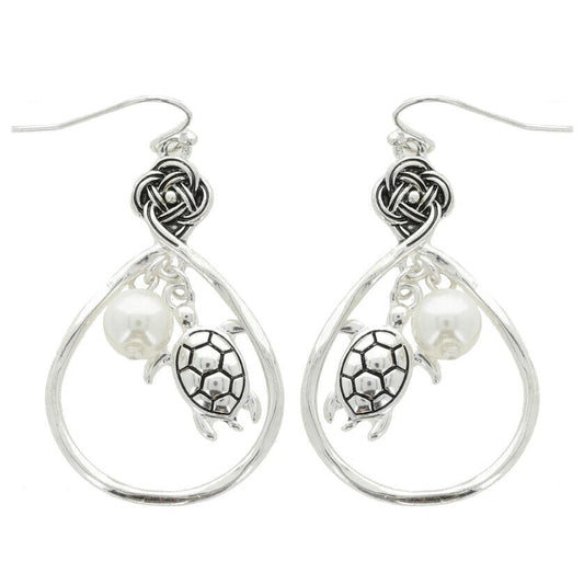 Silvertone Turtle & Faux Pearl Earrings