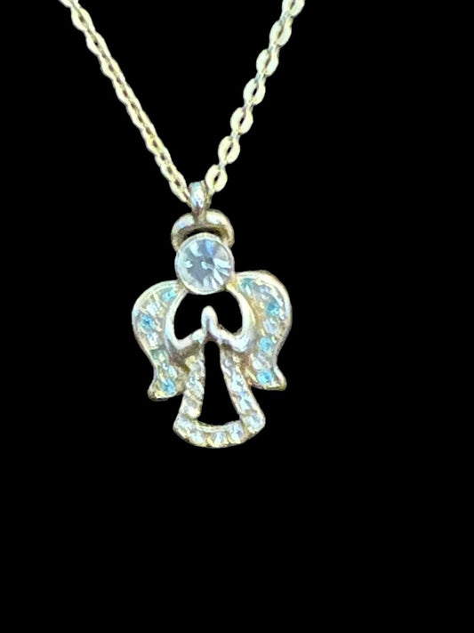 Vintage Goldtone Crystal & Lite Blue Stones Angel Necklace Marked DM