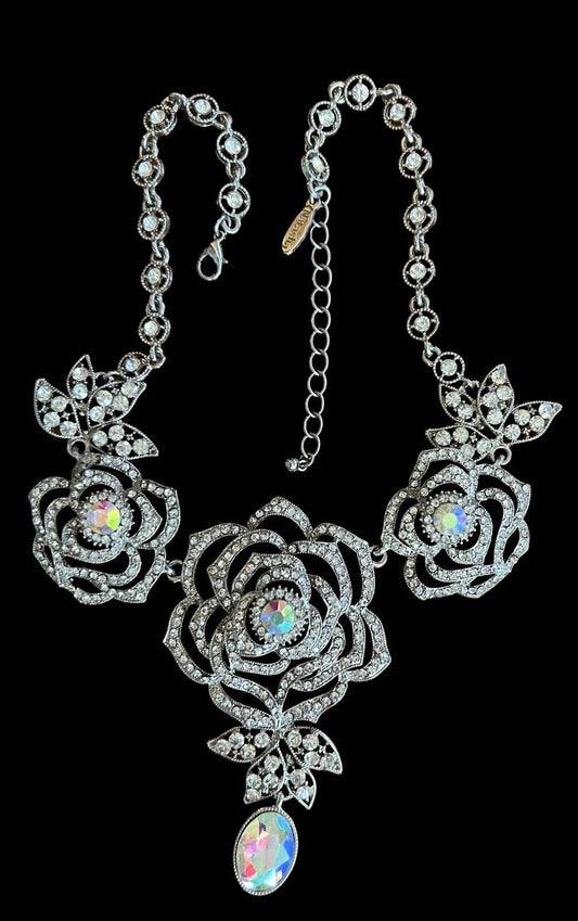 Fashion Jewelry Rose Necklace w/Aura Borealis Rhinestones
