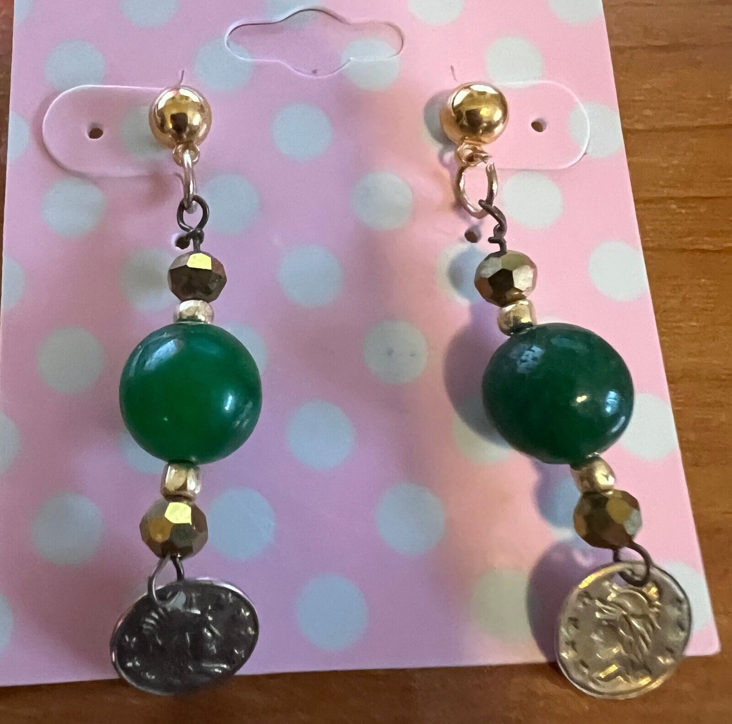 Vintage Earrings Green Stone w/Goldtone Beads & Faux Gold Coin