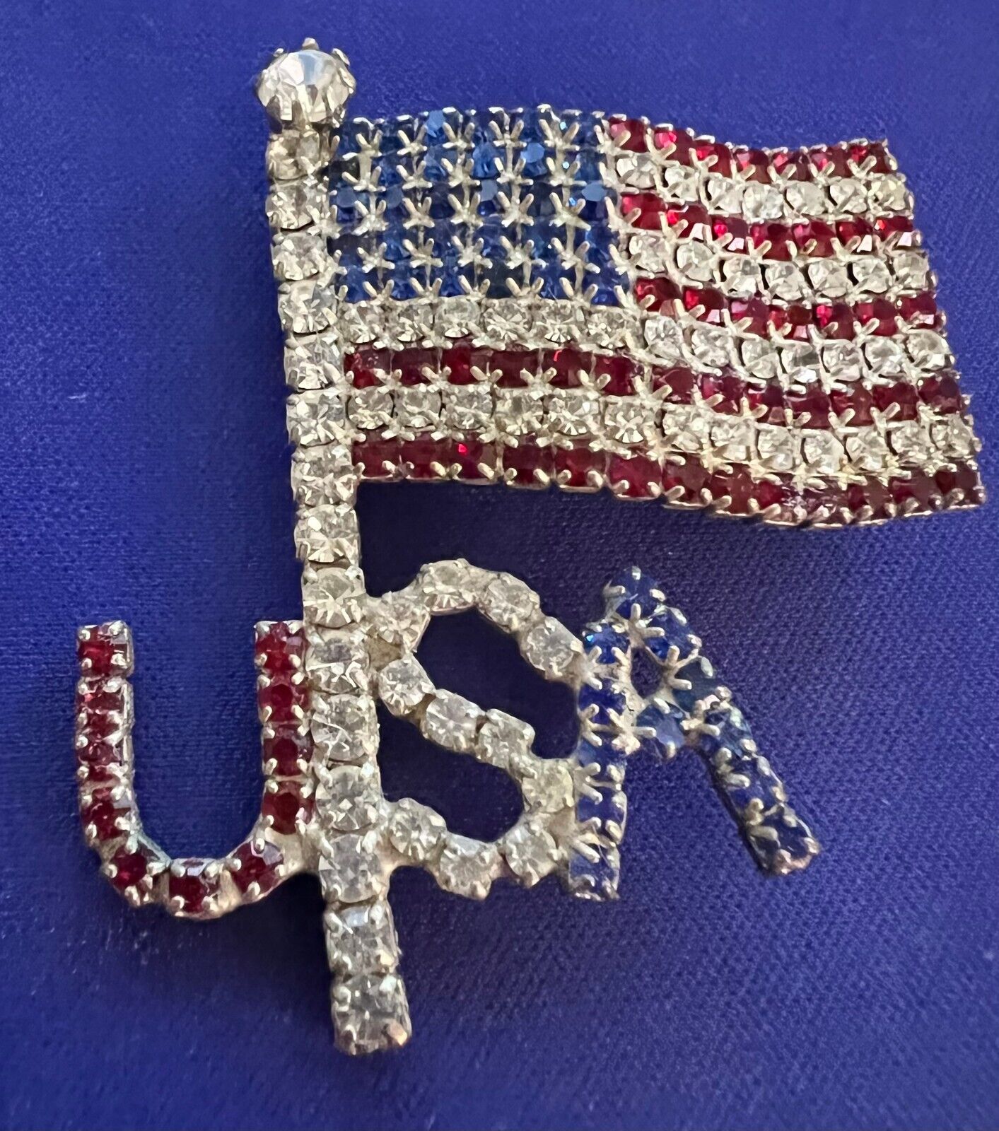 Vintage American US Flag With Letter Pin Rhinestone Heart Brooch Show your Pride