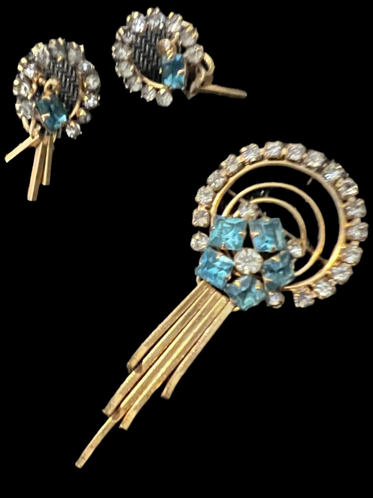 Vintage 1/20 12K Gold Filled Rhinestone and Blue Topaz Pin & Screw Back Earrings