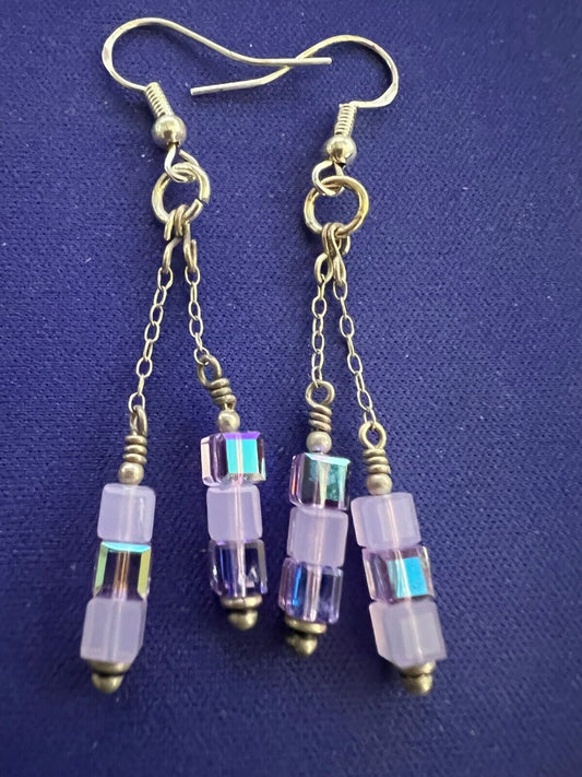 Vintage 60's Light Amethyst Colored Glass Square Bead Earrings