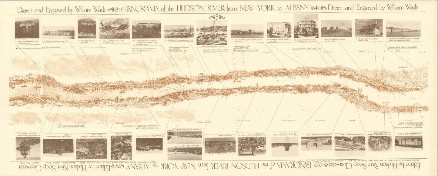 William Wade 1845 Map Panorama New York to Albany