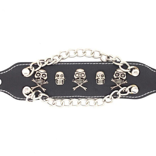 Bracelet Black Leather Stainless Steel Skull And Crossbones Chain